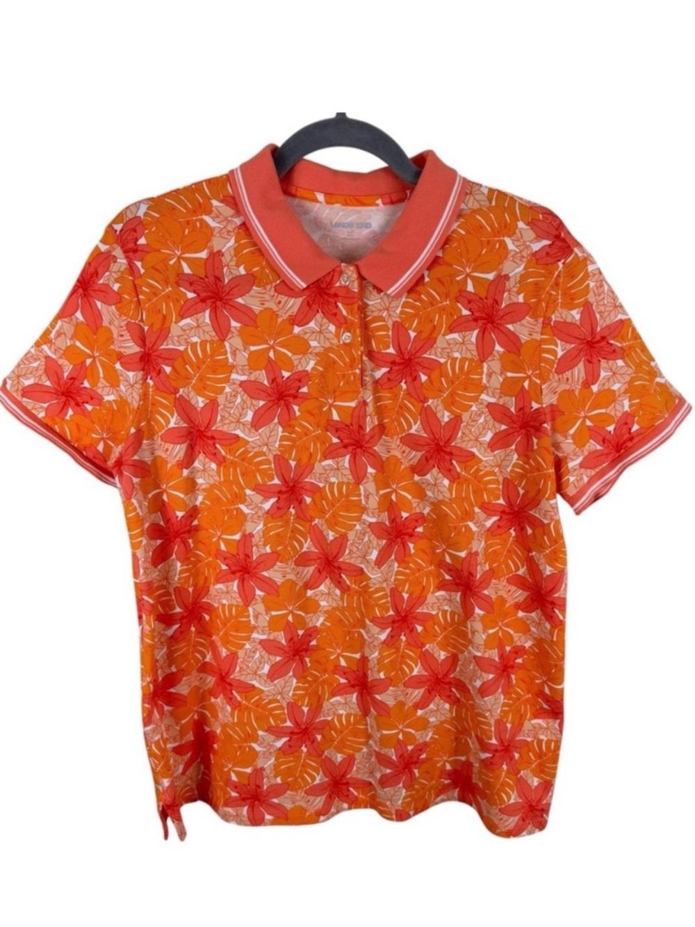 Lands' End Orange Floral Collared Cotton Short Sleeve 1/4 Button Polo Top Size L